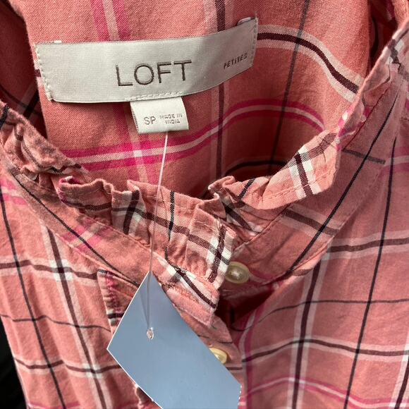 Loft Plaid Ruffle Button Up Blouse Pink Long Sleeve Women SP Preppy Spring New - Picture 10 of 15
